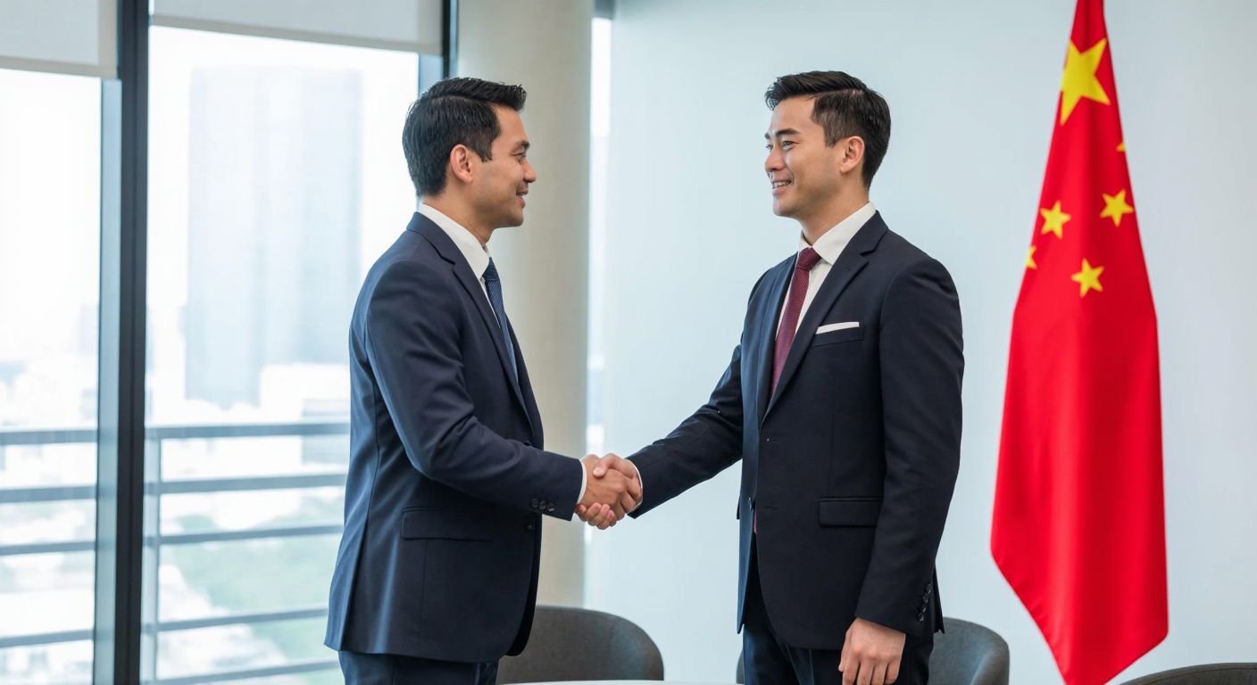 A businessman in a sleek suit shakes hands with another in a modern office, with a Chinese flag subtly visible in the background, conveying a high-value corporate deal.