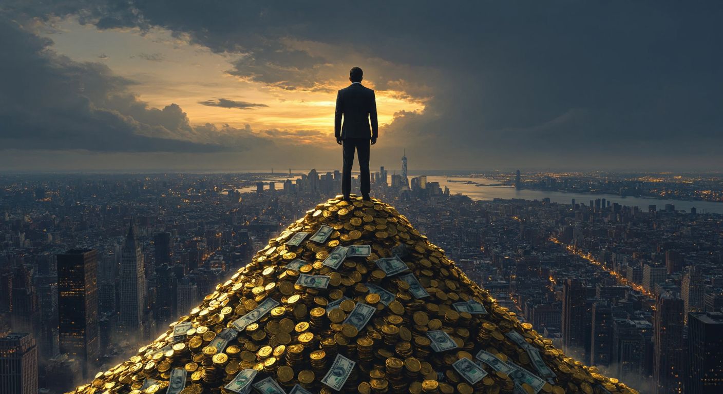 A shadowy figure in a suit stands atop a towering pile of gold coins and cash, overlooking a sprawling cityscape under a twilight sky.