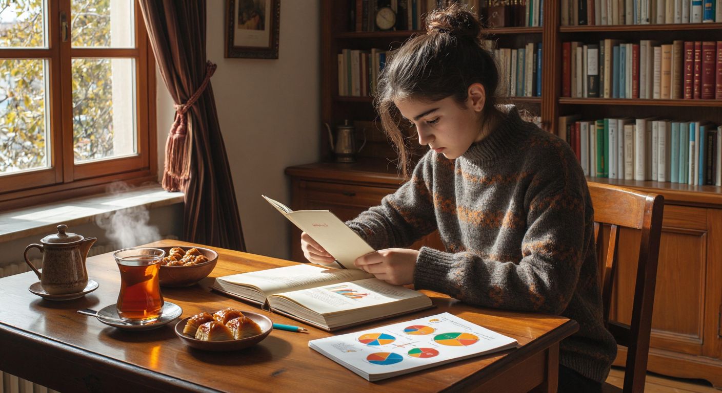 A young student in Turkey sits at a wooden desk, breaking a large notebook into smaller sections while visualizing colorful diagrams and associating them with familiar objects like a steaming cup of çay and a bowl of baklava.