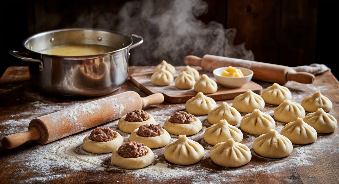 A wooden kitchen table scattered with flour, a rolling pin, and small dough circles filled with minced meat, while a pot of boiling water steams nearby and golden melted butter drips over freshly cooked Georgian-style hinkal.