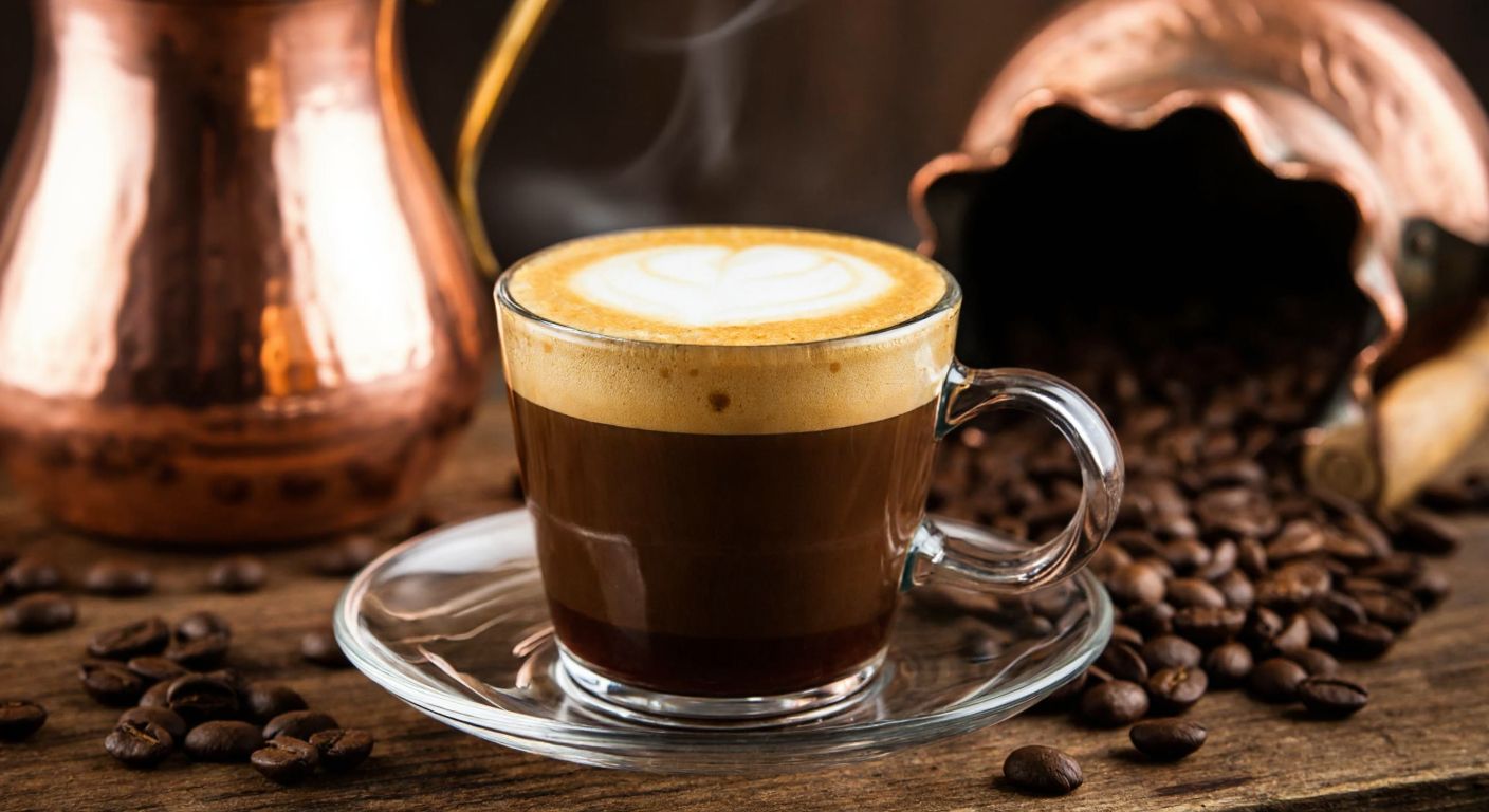 A steaming cup of espresso with a thick, golden-brown crema layer resting on top, placed on a rustic wooden table in a cozy Turkish café, surrounded by freshly ground coffee beans and a traditional copper cezve.