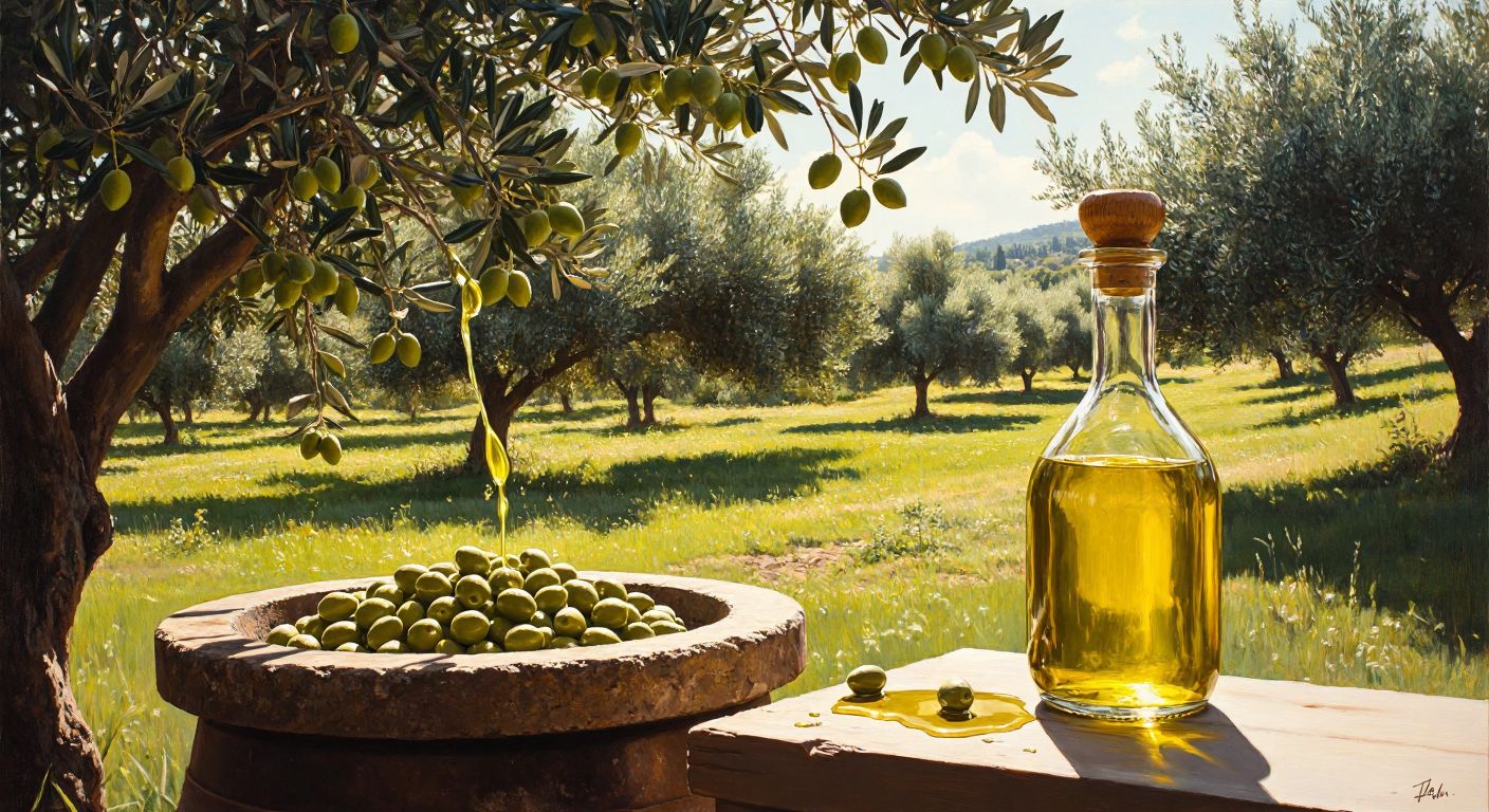 A sunlit olive grove in Turkey with ripe olives being handpicked by a farmer, while golden olive oil drips from a traditional stone press into a gleaming glass bottle.