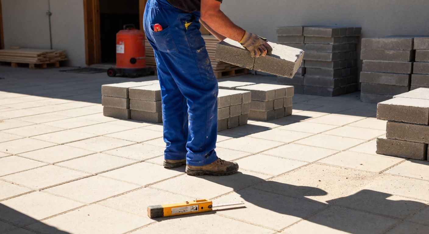 A worker in a blue jumpsuit carefully arranges square concrete paving stones in a sunlit courtyard, with stacks of unused stones nearby and a measuring tape lying on the ground.