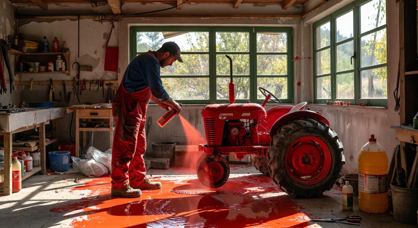 A sunlit rural workshop in Turkey, where a farmer in worn overalls carefully sprays vibrant red paint onto a tractor’s freshly sanded surface, surrounded by scattered tools, masking tape, and solvent bottles.