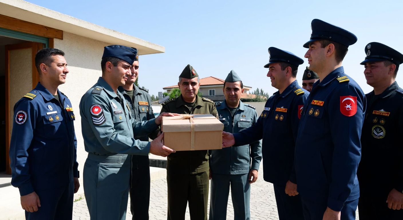 A group of Turkish Air Force personnel in uniform, standing together in solidarity, handing a symbolic gift to a grateful family in front of a modest home under a clear blue sky.