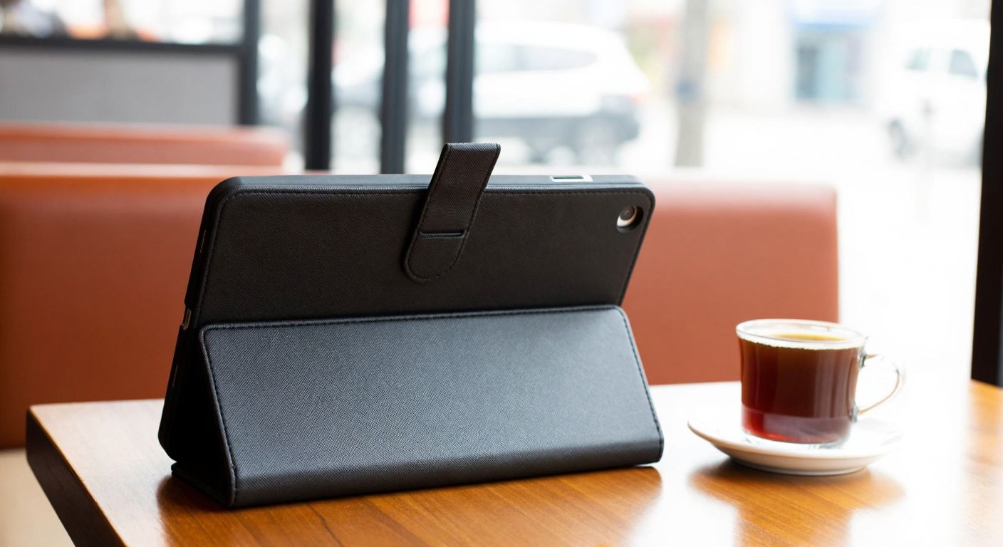 A sleek, padded black tablet case with an adjustable shoulder strap, multiple compartments for accessories, and a foldable front cover standing upright like a stand, resting on a wooden café table in Istanbul with a steaming cup of Turkish coffee beside it.