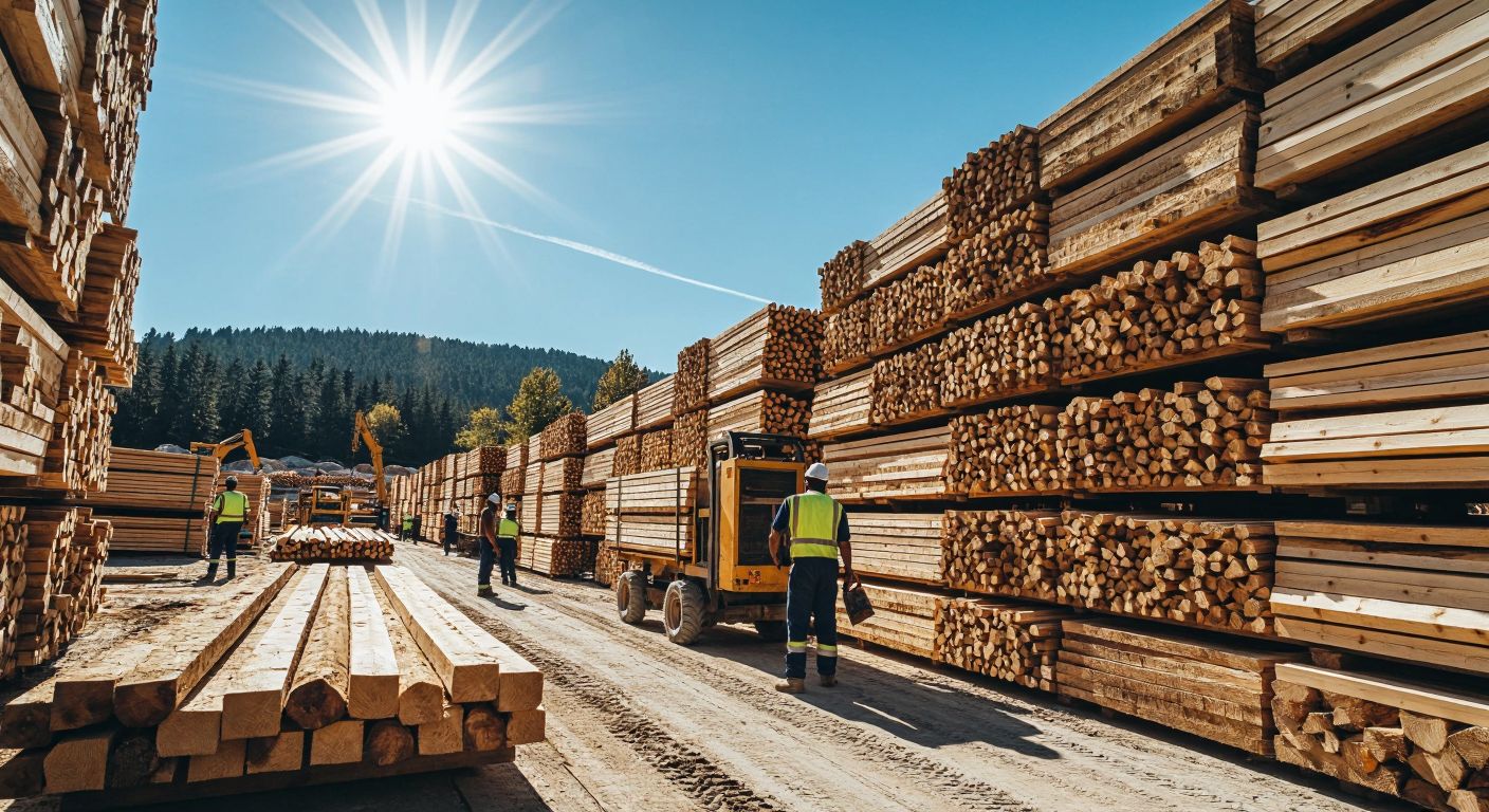 A bustling Turkish lumberyard under a bright sun, stacked with neatly arranged timber and wood pellets, while workers in sturdy uniforms operate machinery, embodying industrious energy.