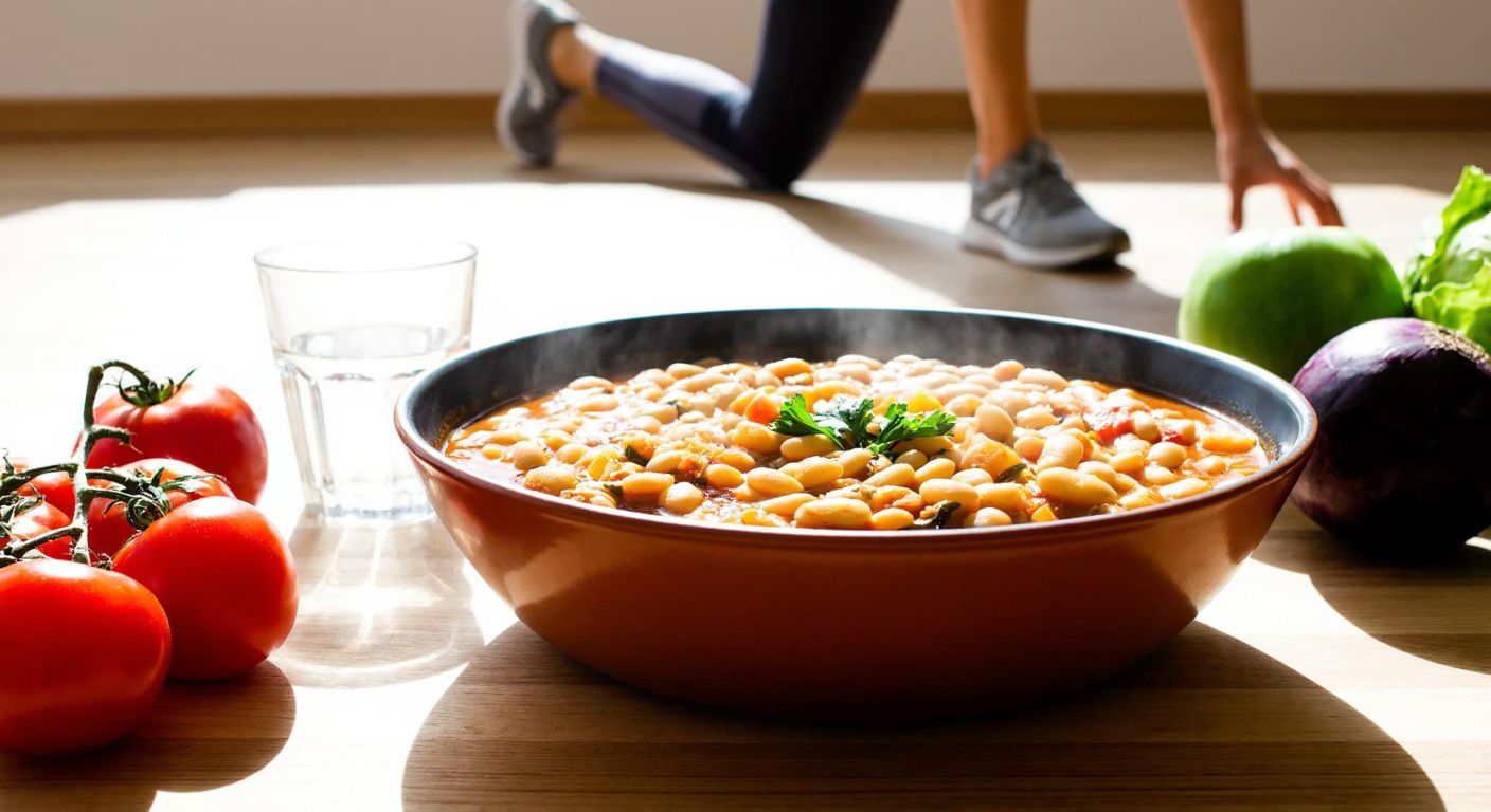 A steaming bowl of Turkish-style white bean stew (kuru fasulye) sits on a wooden table beside fresh vegetables and a glass of water, with a person in athletic wear stretching in the sunlit background.