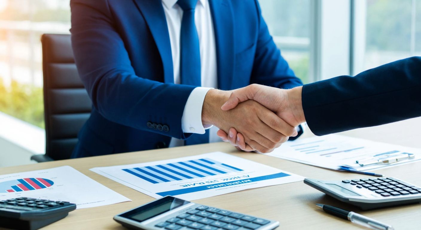 A Turkish businessman in a formal suit confidently shakes hands with another professional over a table covered with financial documents and a calculator, symbolizing a successful NDF agreement negotiation.