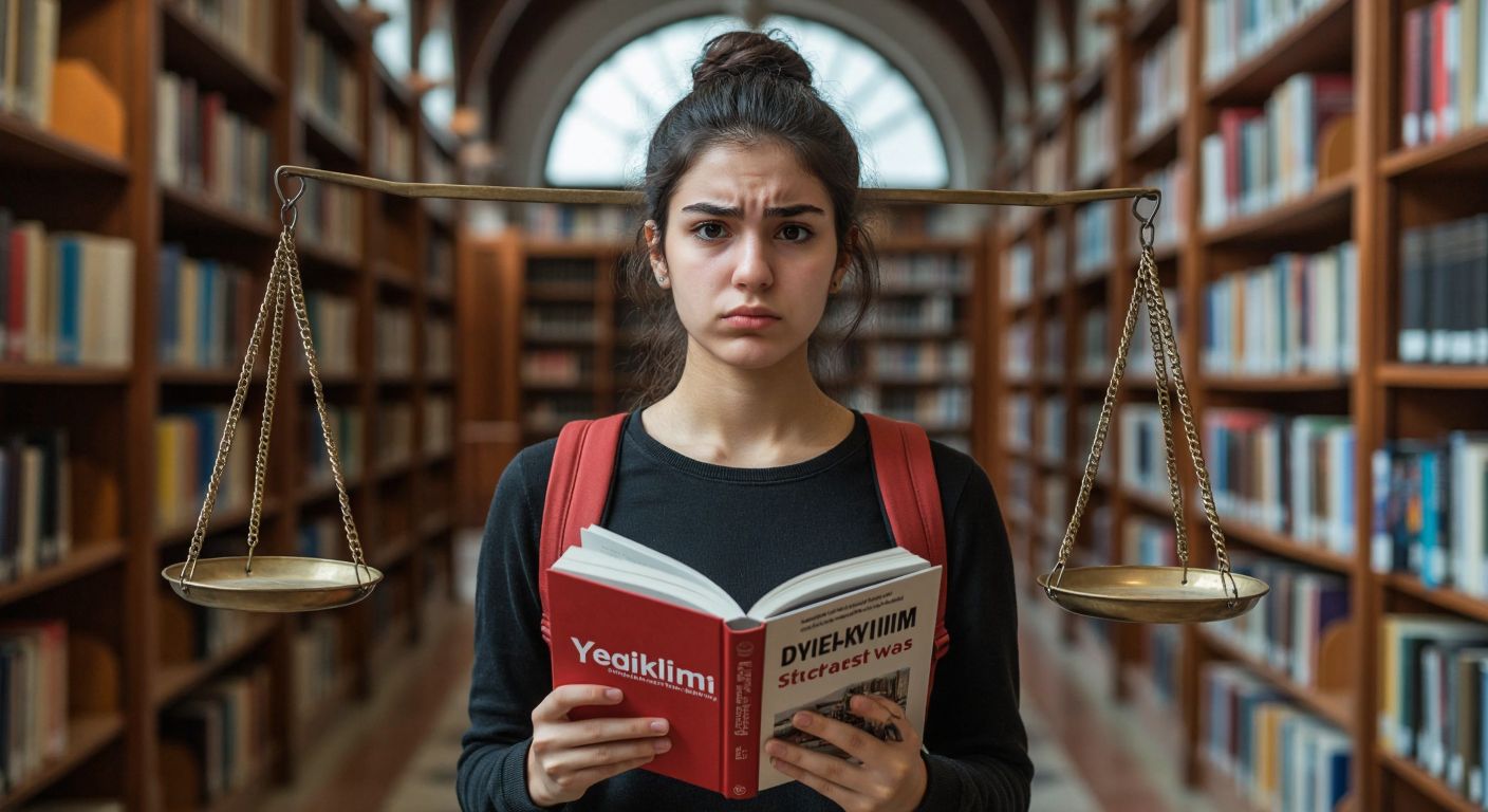 A Turkish student in a library, frowning thoughtfully while holding a Yediiklim Yayınları study book in one hand and balancing a scale with positive and negative reviews on the other.