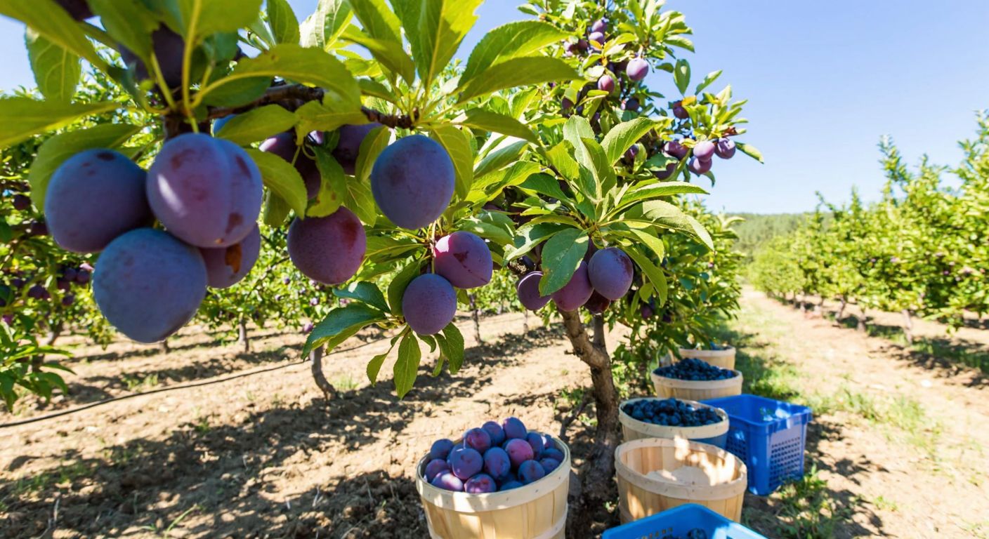 A sunlit orchard in Turkey with ripe, purple plums hanging from green branches, surrounded by baskets filled with freshly picked fruit under a bright blue sky.
