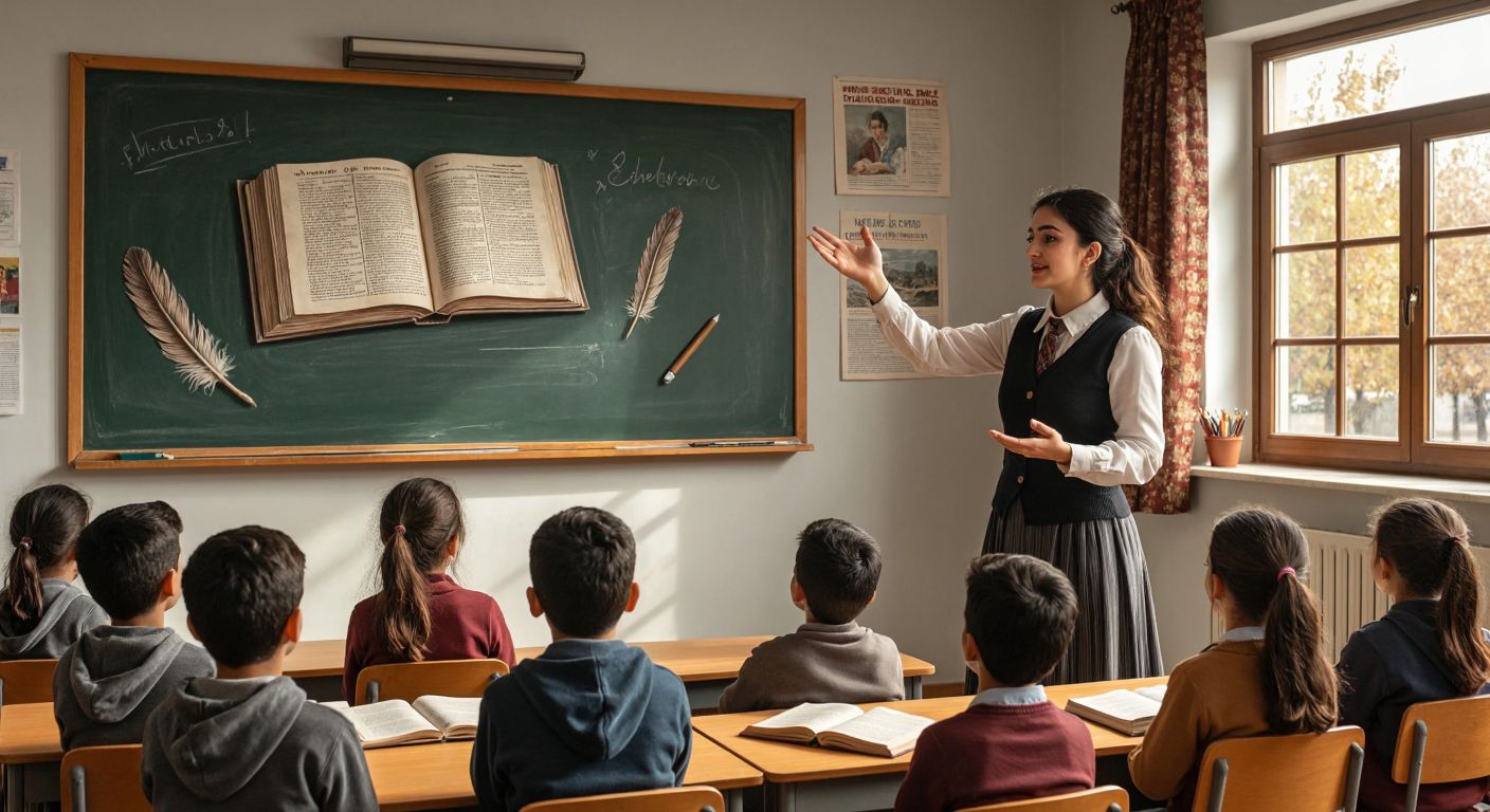A Turkish middle school classroom with students eagerly listening as a teacher gestures toward a chalkboard displaying open books, a quill pen, a newspaper, and a diary, symbolizing different text types.