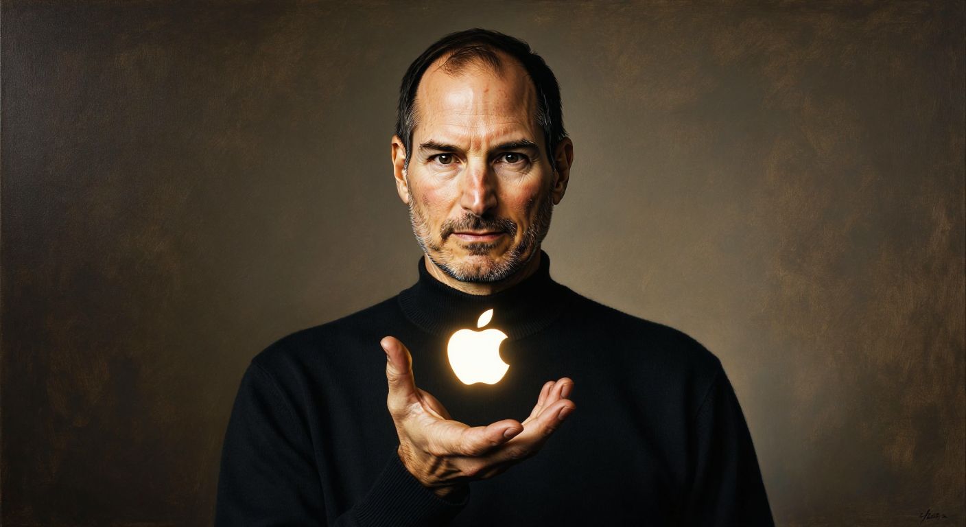 A solemn portrait of Steve Jobs holding a single, glowing Apple logo in his palm, symbolizing his diminished yet enduring stake in the company.