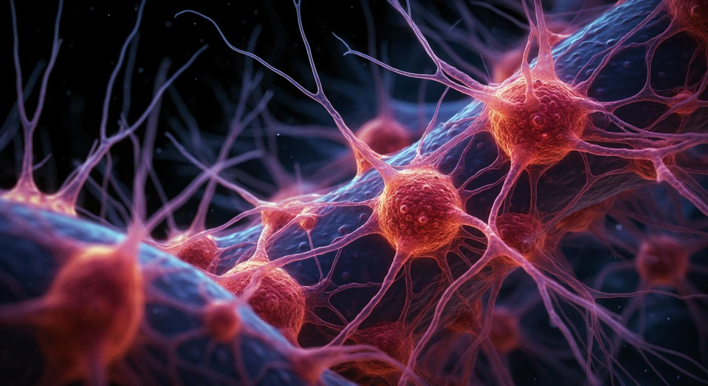 A microscopic view of vibrant, interconnected stromal cells forming a supportive network around organ tissues, resembling a delicate scaffold with glowing strands.