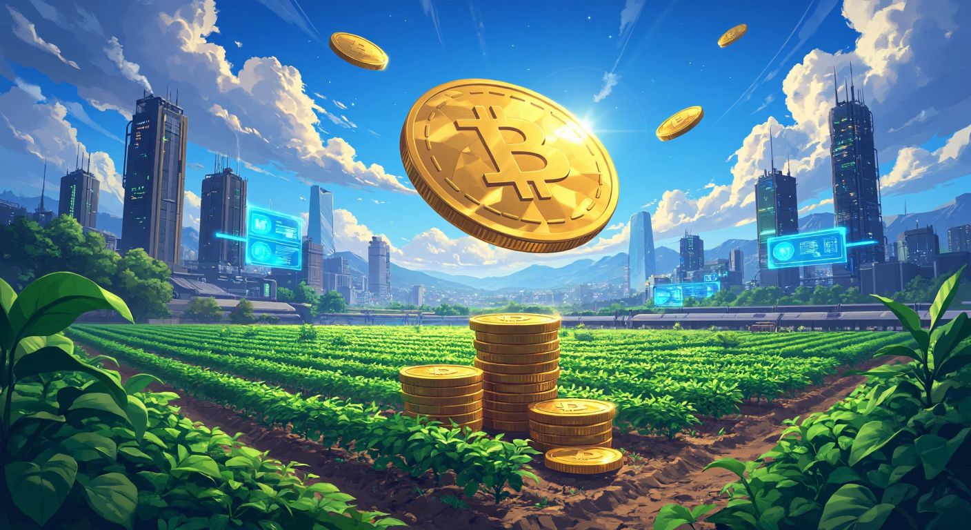 A vibrant digital illustration of a golden pancake-shaped coin floating above a futuristic farm with stacked tokens growing like crops, surrounded by glowing NFT artworks and a decentralized exchange interface in the background, all under a bright, optimistic sky.