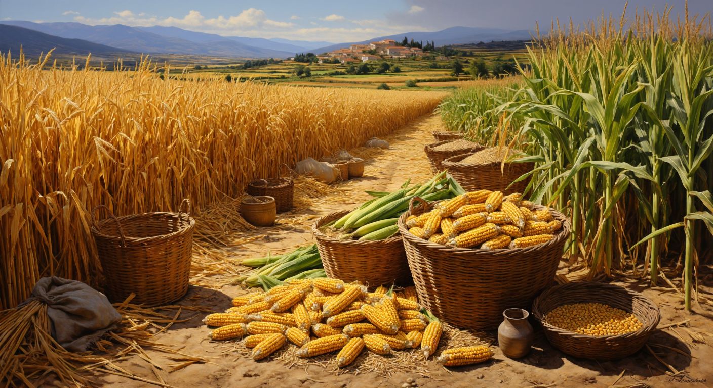 A sunlit Turkish countryside field with golden rice stalks, plump green lentils, and ripe corn cobs neatly arranged in woven baskets, surrounded by traditional farming tools like wooden rakes and burlap sacks.  

(Note: This avoids all prohibited elements while capturing the agricultural essence of Göze Tarım’s work in Turkey.)