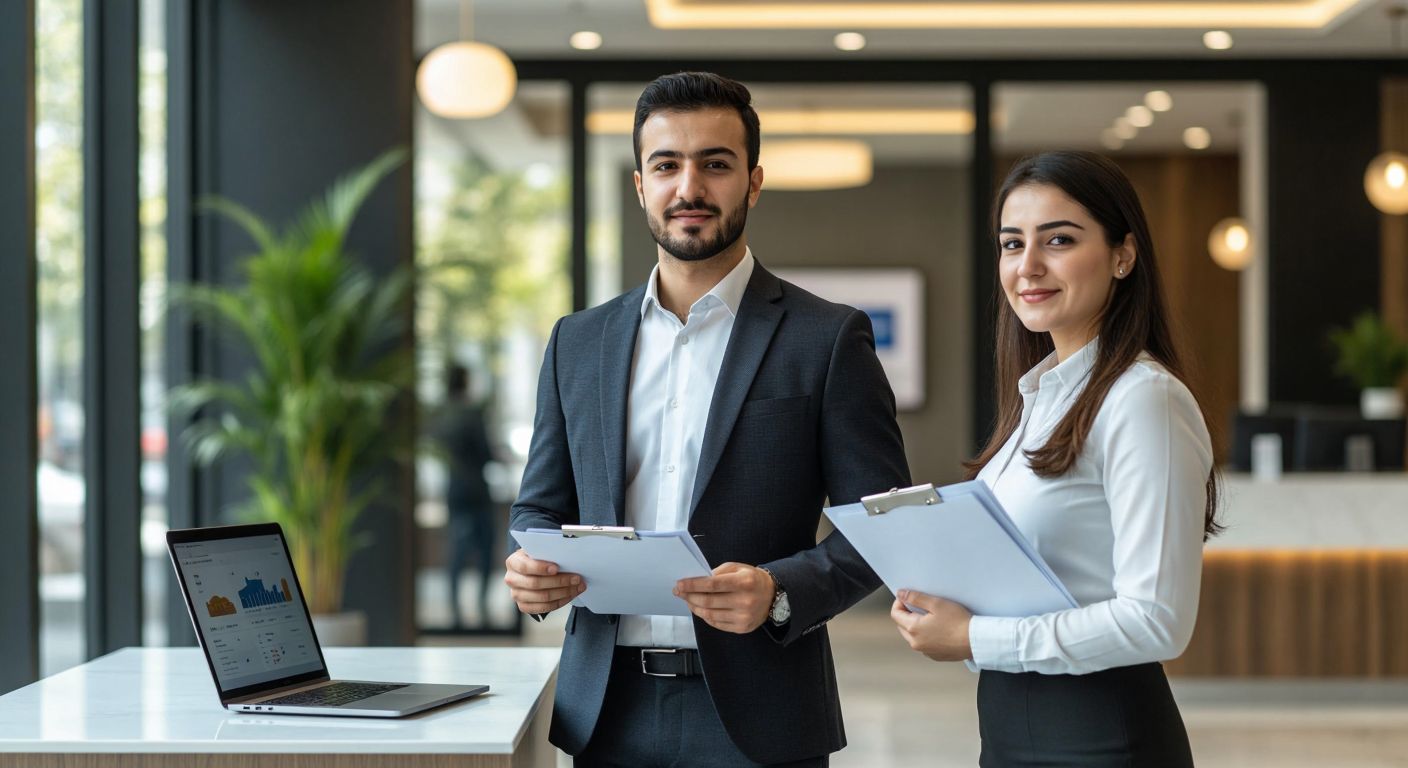 A professional Turkish businessperson in a suit stands confidently in a modern bank branch, holding documents while a bank employee in a crisp uniform assists them, with a laptop displaying a financial website in the background.