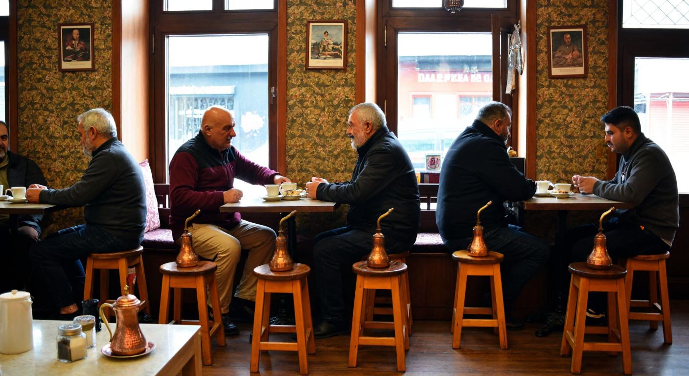A cozy, traditional Turkish coffeehouse in Üsküdar with wooden stools, copper coffee pots, and elderly men chatting warmly over small cups of dark coffee.