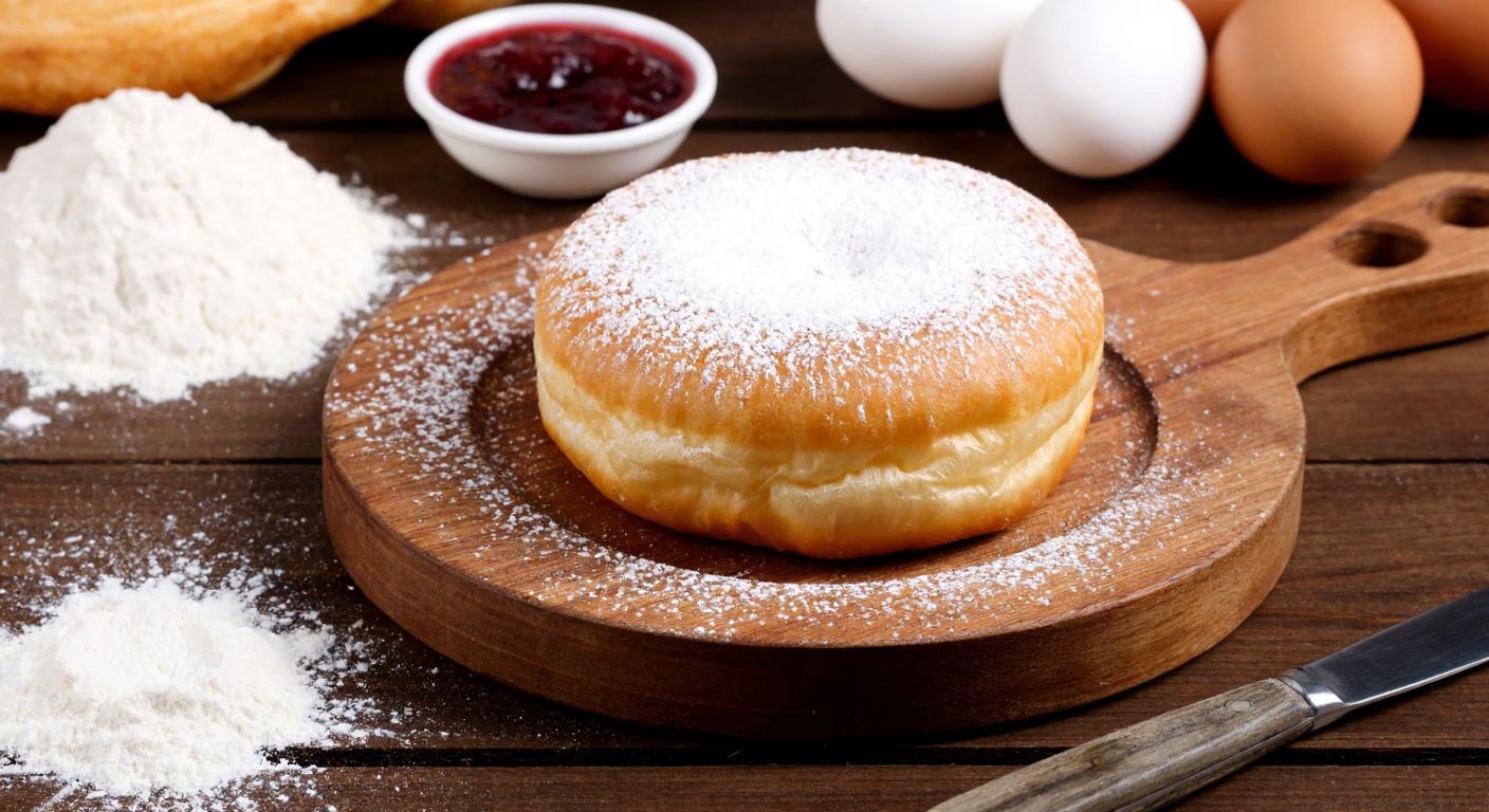 A golden, fluffy beignet dusted with powdered sugar sits on a rustic wooden table, surrounded by raw ingredients like flour, yeast, eggs, and butter, with a small bowl of fruit compote nearby.
