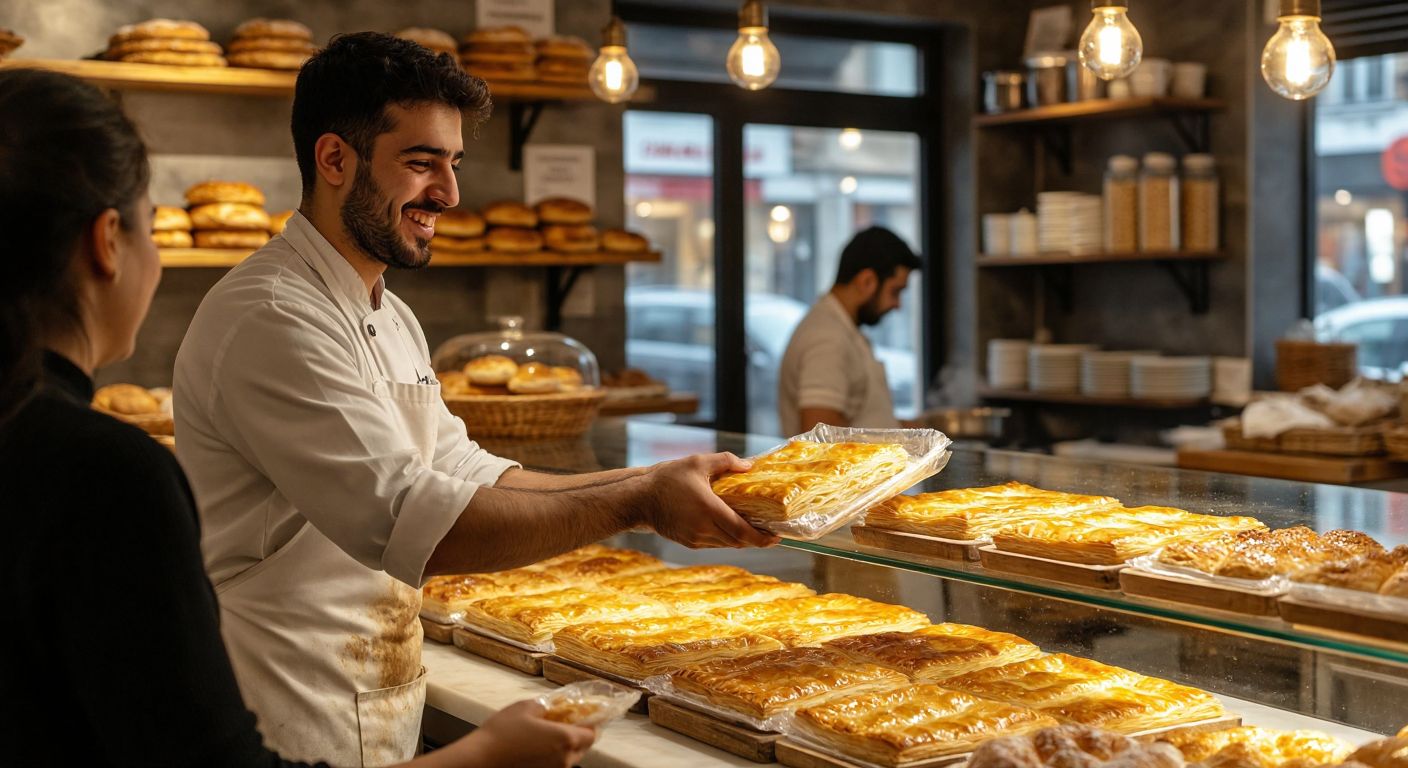 A warm, bustling bakery in Ataşehir with golden trays of flaky börek displayed behind a glass counter, a smiling baker in a white apron handing a freshly wrapped package to a customer, and the aroma of buttery pastry filling the air.
