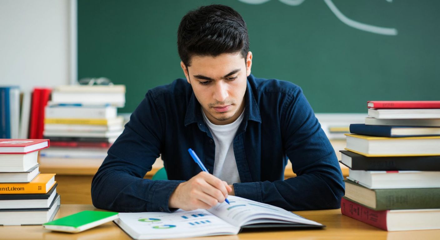 A young Turkish student in a classroom, intently studying a notebook filled with business diagrams, surrounded by stacks of books on entrepreneurship, with a determined expression on their face.