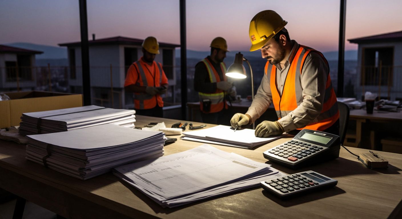 A construction site in Turkey with workers in hard hats, stacks of invoices and ledgers on a wooden desk, and a calculator beside blueprints, under the warm glow of a desk lamp.