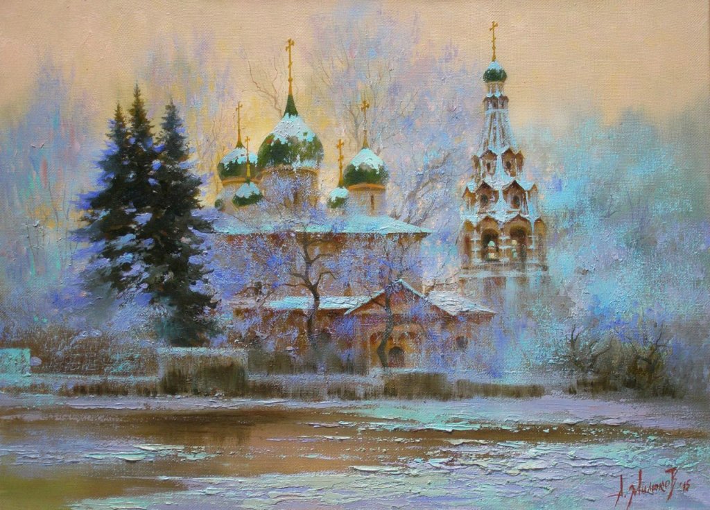 пейзаж с церковью живопись маслом фото