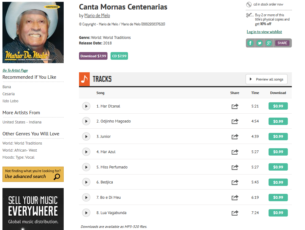 Mario de Melo | Canta Mornas Centenarias | CD Baby Music Store S1200
