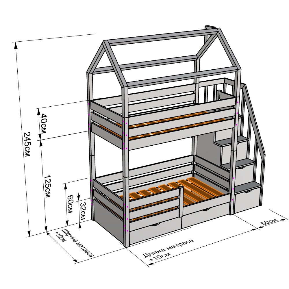 двухъярусная кровать домик размеры