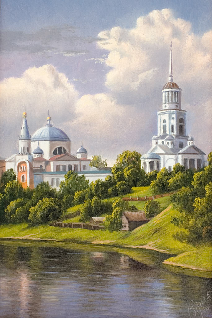 летний пейзаж маслом на холсте с церковью фото