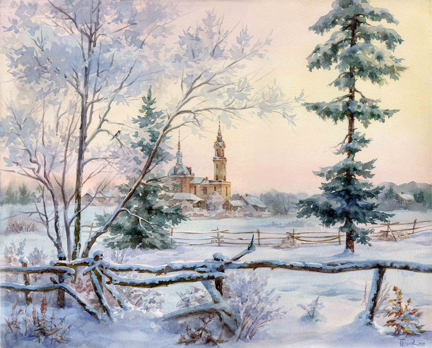 акварель зима пейзаж фото