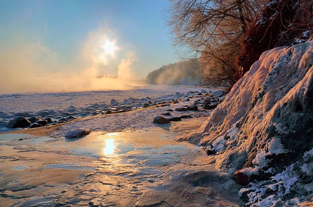 зима закат река фото