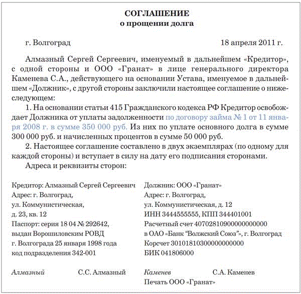 Соглашение о прощении долга образец — Адвокаты в Москве. Юридические ...