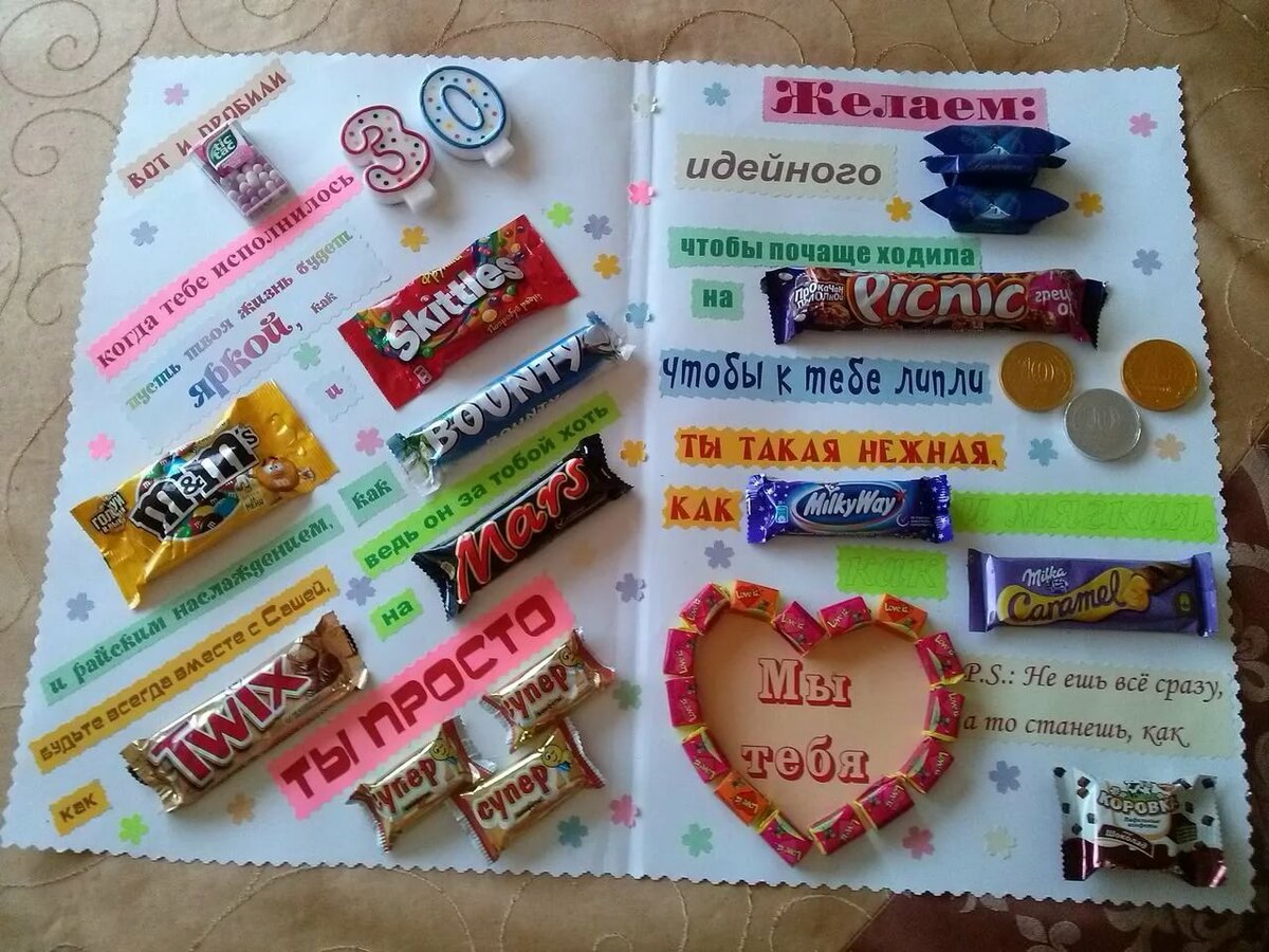 Поздравление на ватмане сладостями