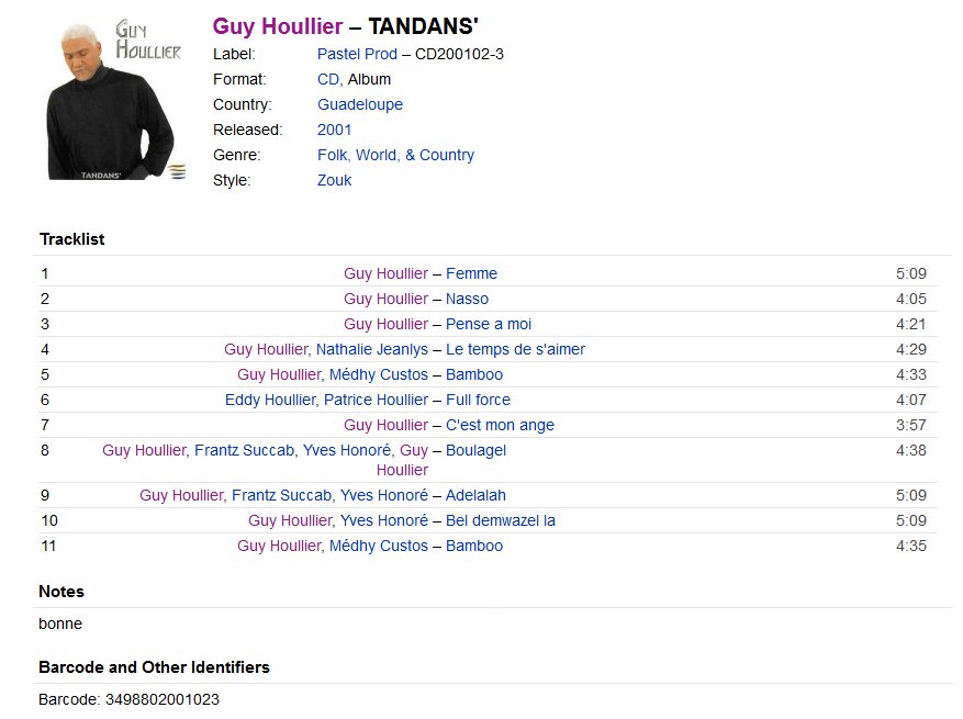 Guy Houllier - TANDANS' (CD, Album) | Discogs S1200