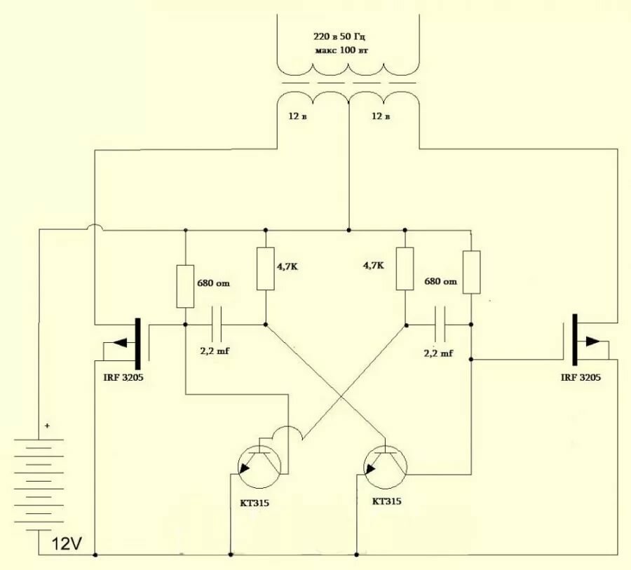 схема простого мощного преобразователя 12 220