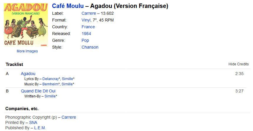 Café Moulu - Agadou (Version Française) (Vinyl, 7", 45 RPM) S1200