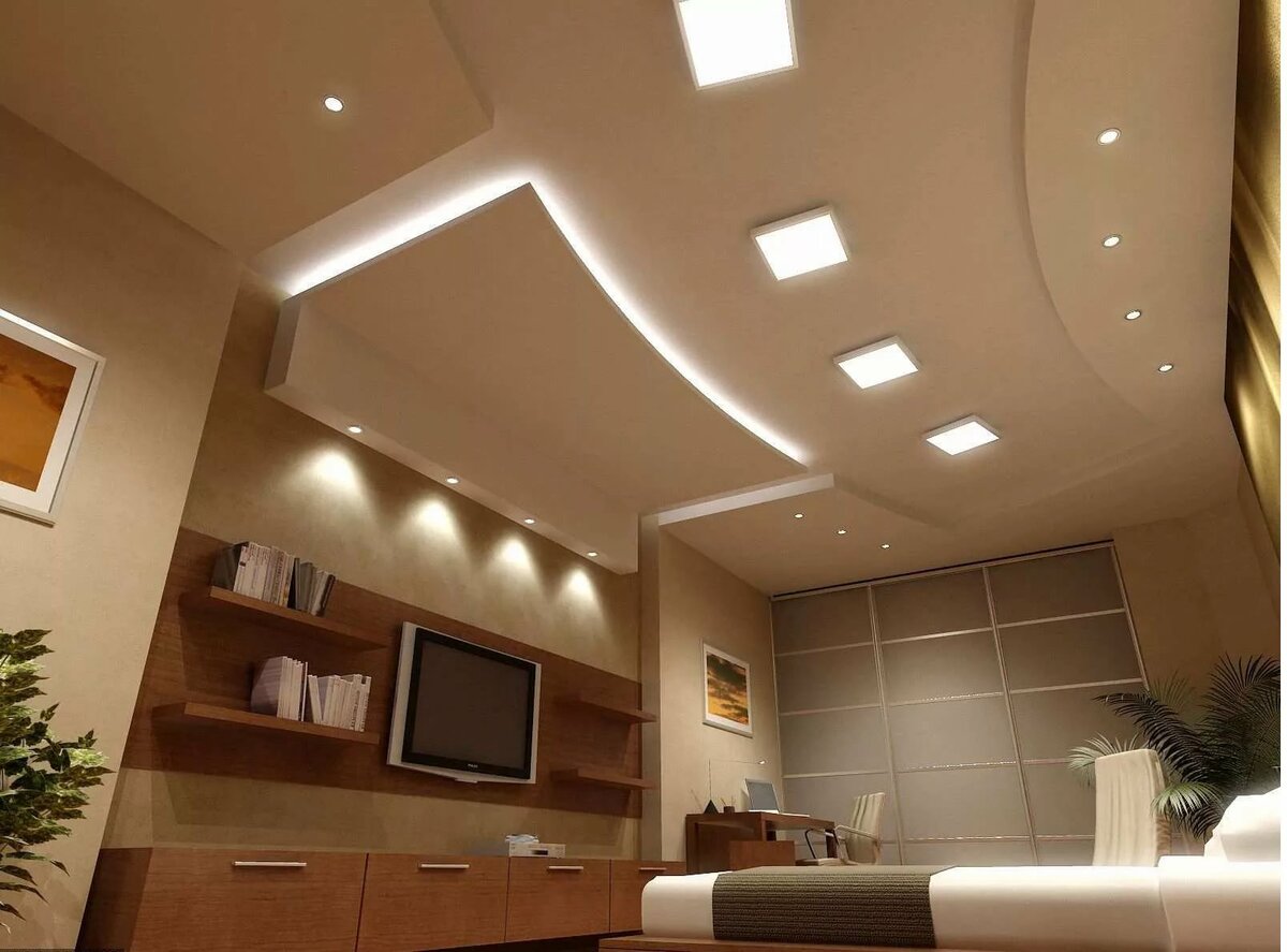 двухуровневый потолок со светильниками
