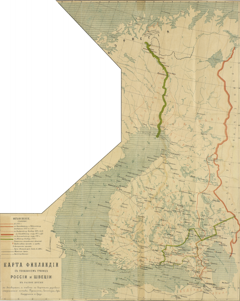 Карта Финляндии с указанием границ России и Швеции в разное время по договорам, а также по картам генерального штаба, Гермелина, Лоттера, Аф-Кнорринга и друг. Ордин, Кесарь Филиппович «Покорение Финляндии. Опыт описания по неизданным источникам». Том I. — СПб: Тип. И. Н. Скороходова, 1889