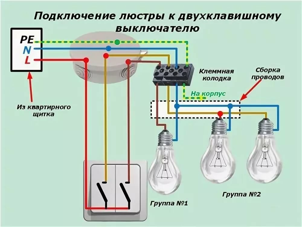 подключение люстры к двухклавишному выключателю схема