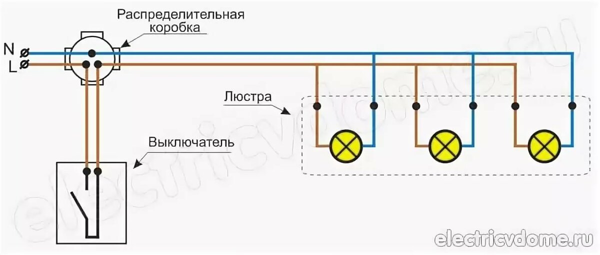 схема подключения люстры через выключатель