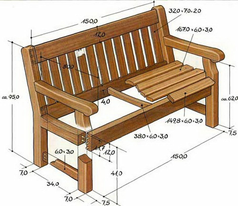 чертежи садовой скамейки из дерева с размерами