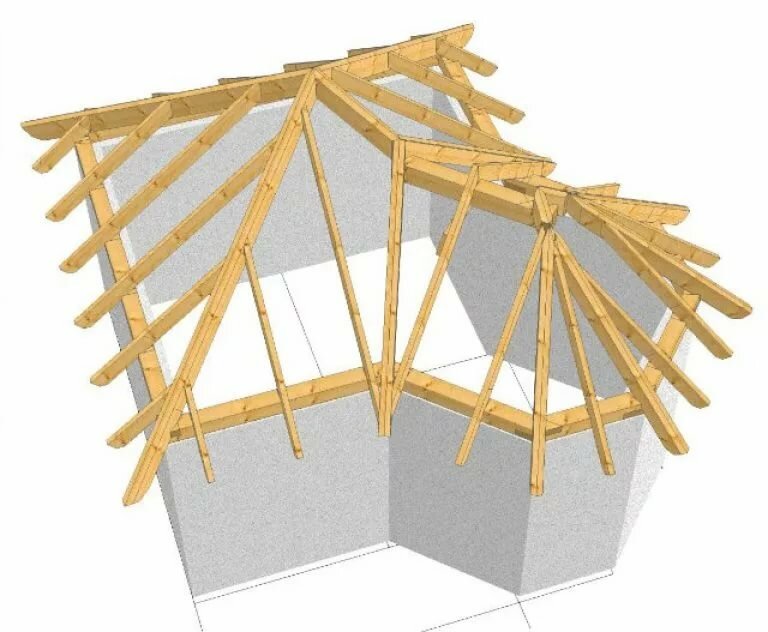 стропильная система вальмовой крыши с эркером