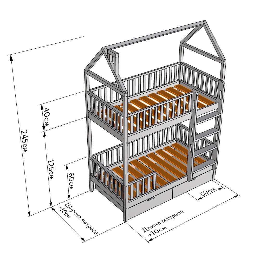 двухъярусная кровать домик размеры
