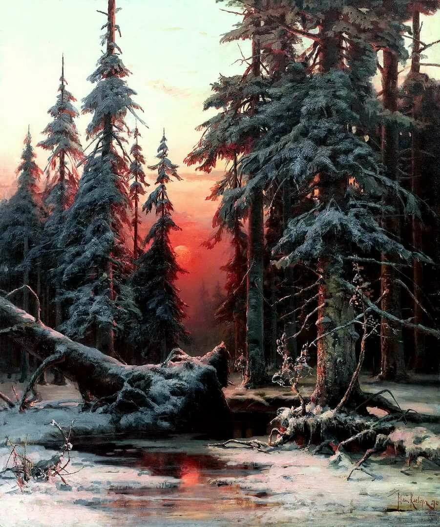 юлий юльевич клевер зимний закат в еловом лесу фото
