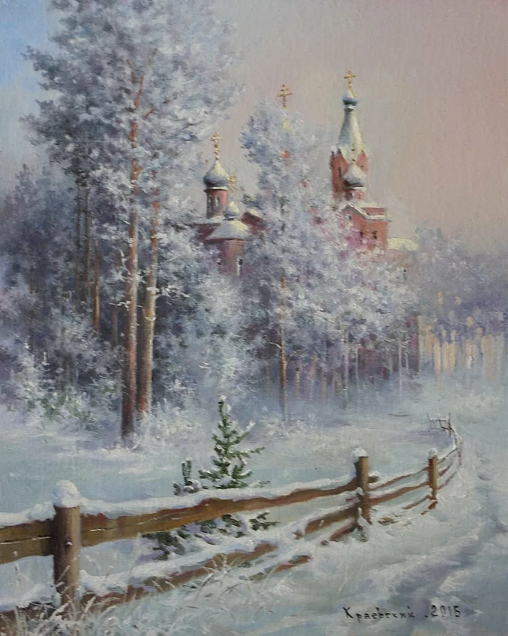 зима пейзаж с церковью масло фото