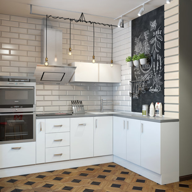 Меловая  доска – игривый элемент декора, который добавит маленькой  кухне индивидуальности. 