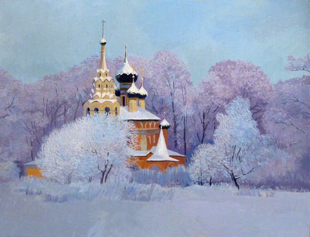 зимний пейзаж с церковью картины фото