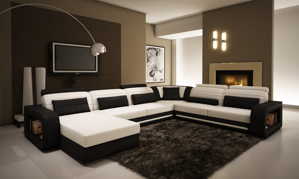 бело-черный диван с контрастными подушками и деревянными  краями