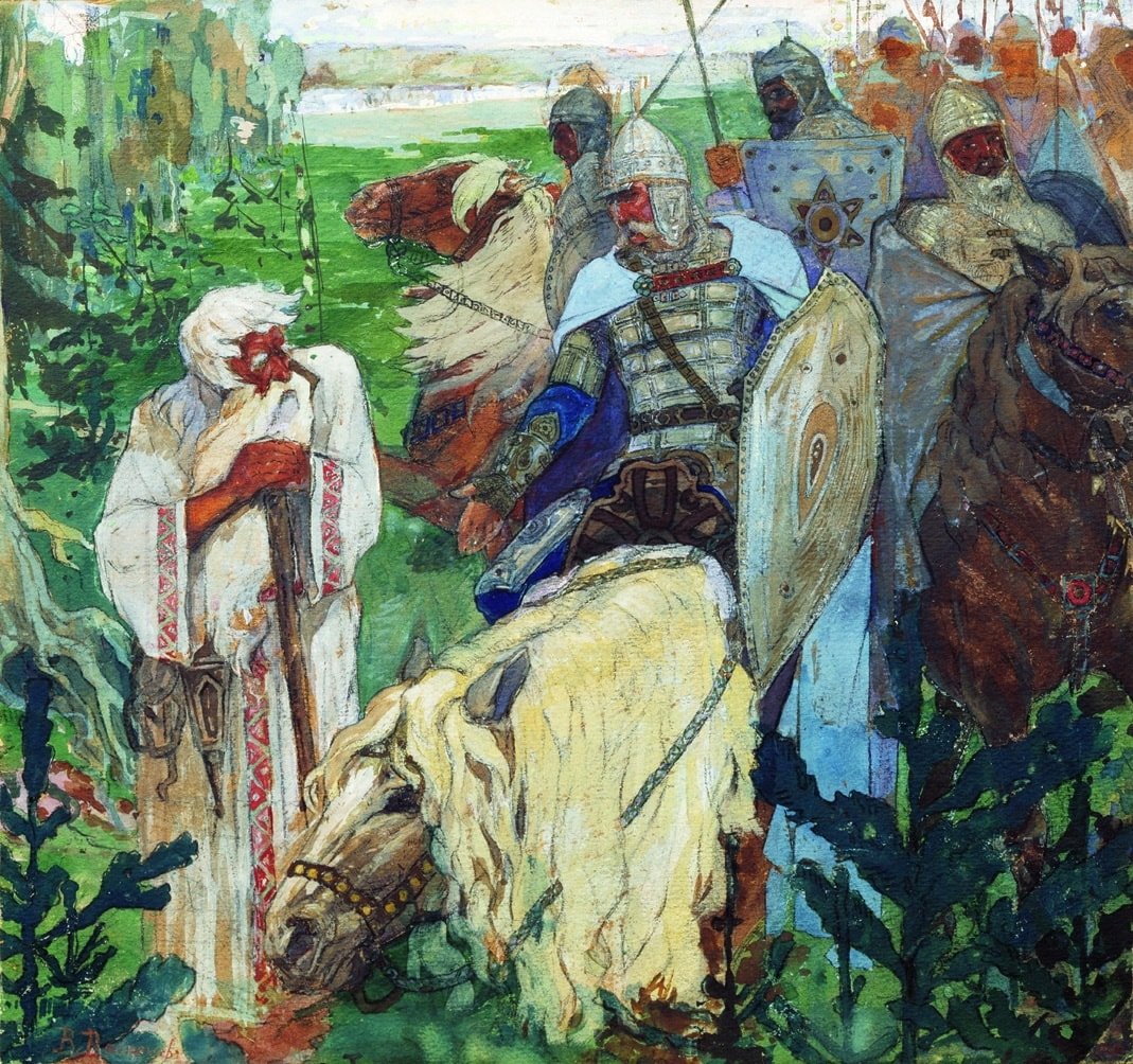 Перетащи буквы соответствующие композиционным частям из песни о вещем олеге к точкам на изображении